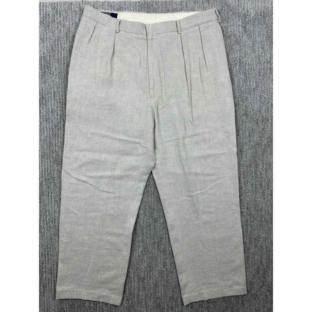 Vintage Polo Ralph Lauren Pants Men 38x34 (Fit 38x29) Beige Linen Double Pleated